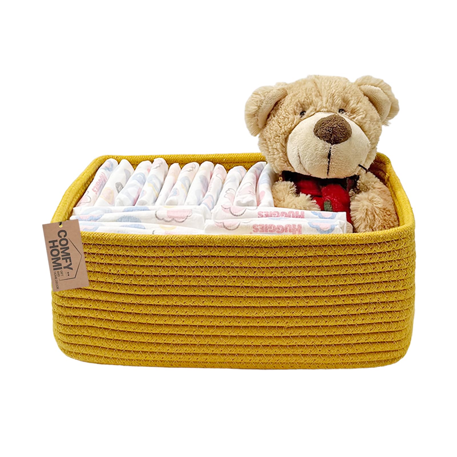 COMFY-HOMI cotton rope storage basket, rectangular shape, ideal for decluttering shelves.