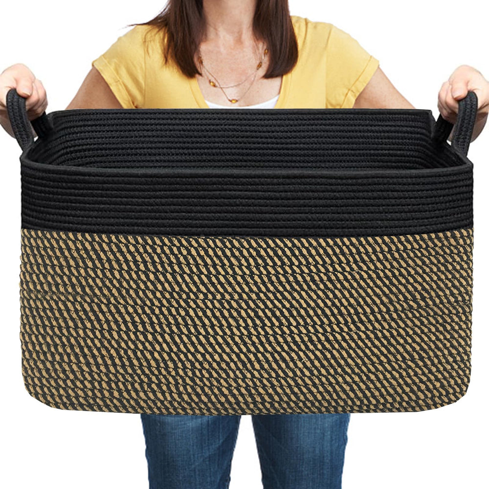 COMFY-HOMI large rectangular basket in full view showing durable cotton rope and versatile storage use