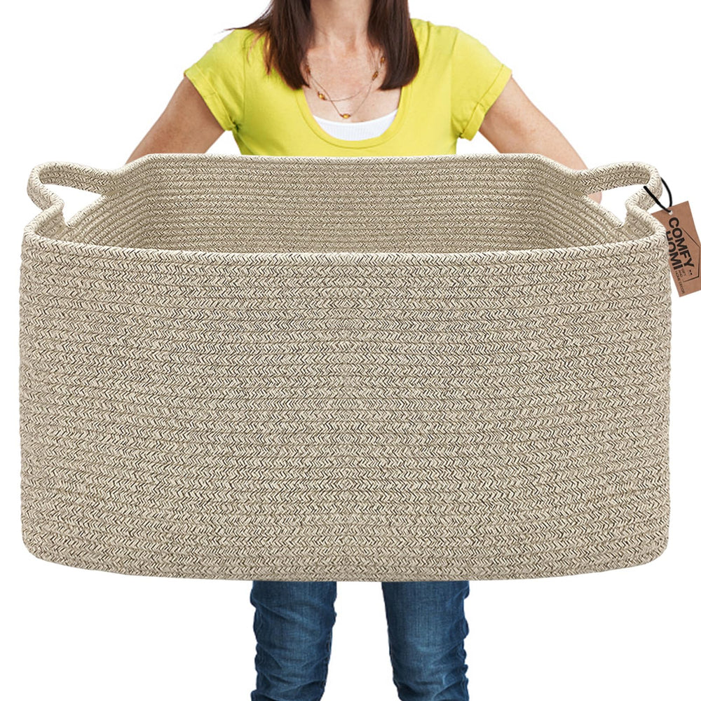 COMFY-HOMI large rectangular basket top view highlighting storage potential for blankets