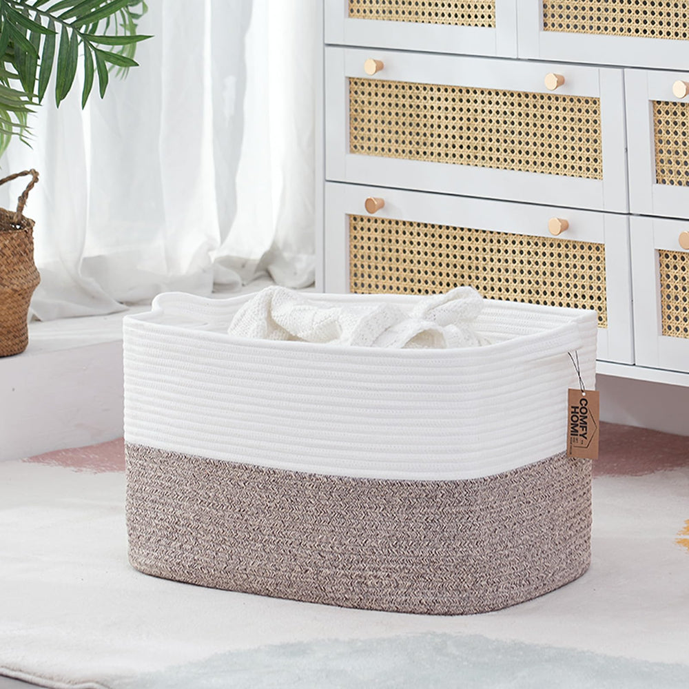 COMFY-HOMI living room storage basket in white/brown keeps blankets organized