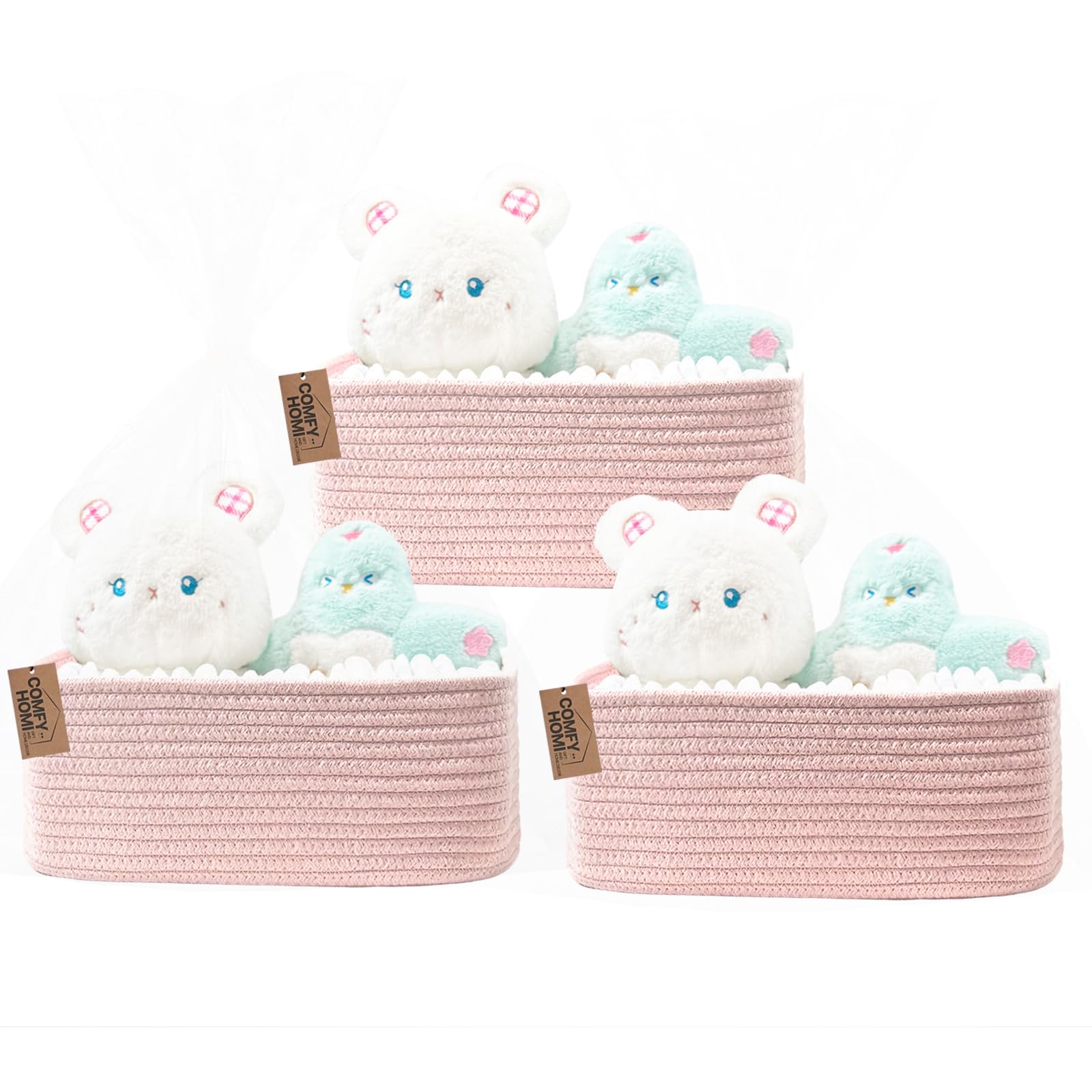 COMFY-HOMI pink storage baskets 3-pack organize shelves with gift-ready appeal.