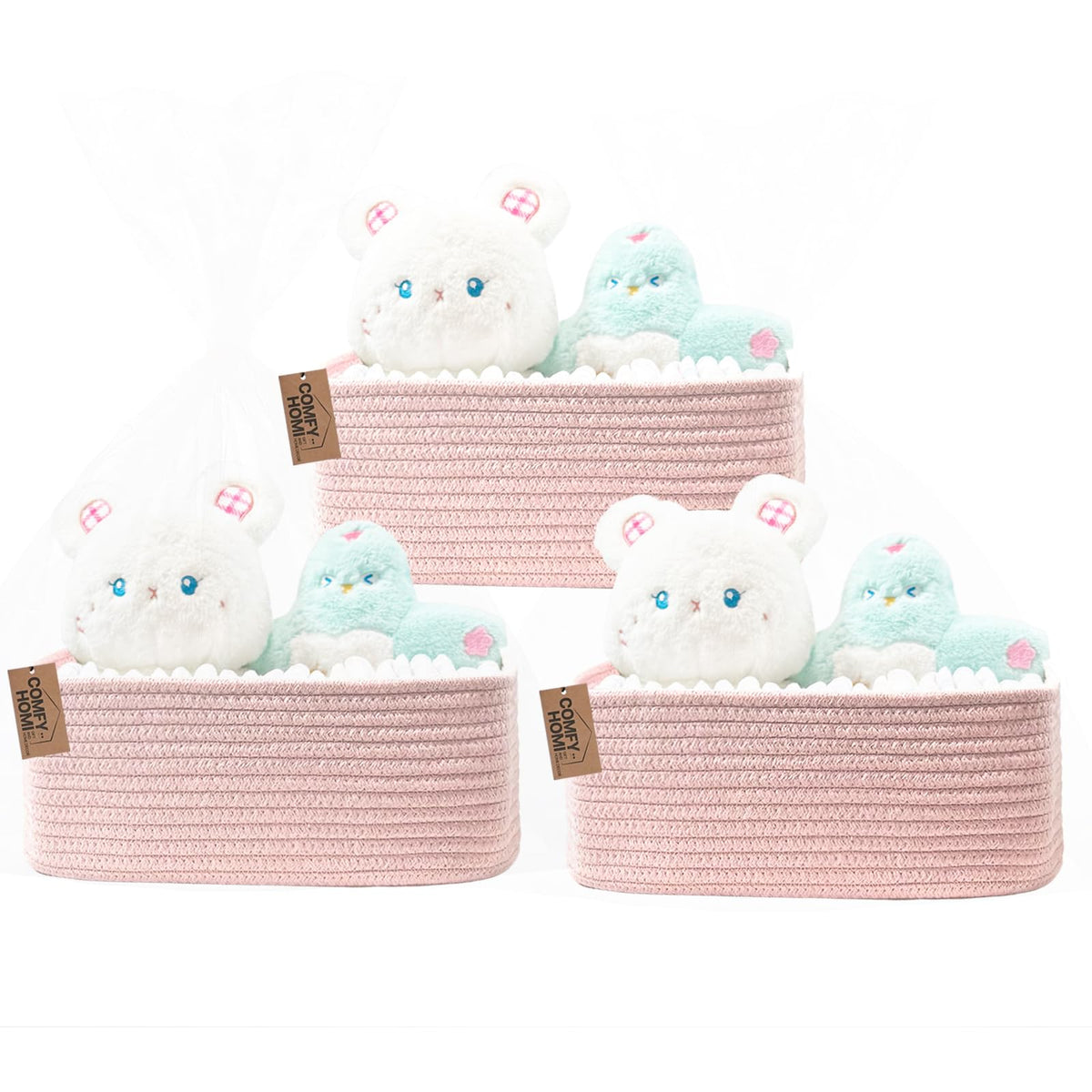 COMFY-HOMI pink storage baskets 3-pack organize shelves with gift-ready appeal.