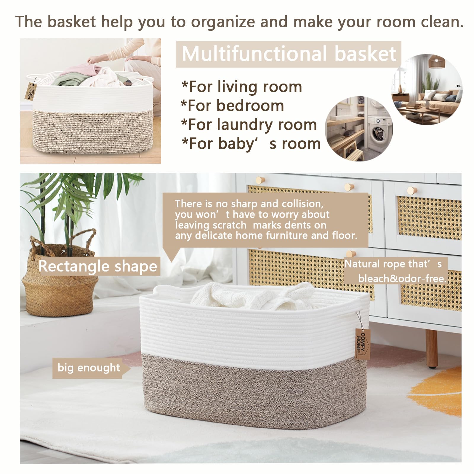 COMFY-HOMI rectangle laundry basket with handles for easy laundry transport