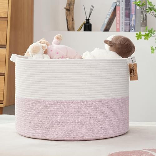 COMFY-HOMI round storage basket with blanket, white-pink accents and soft edges