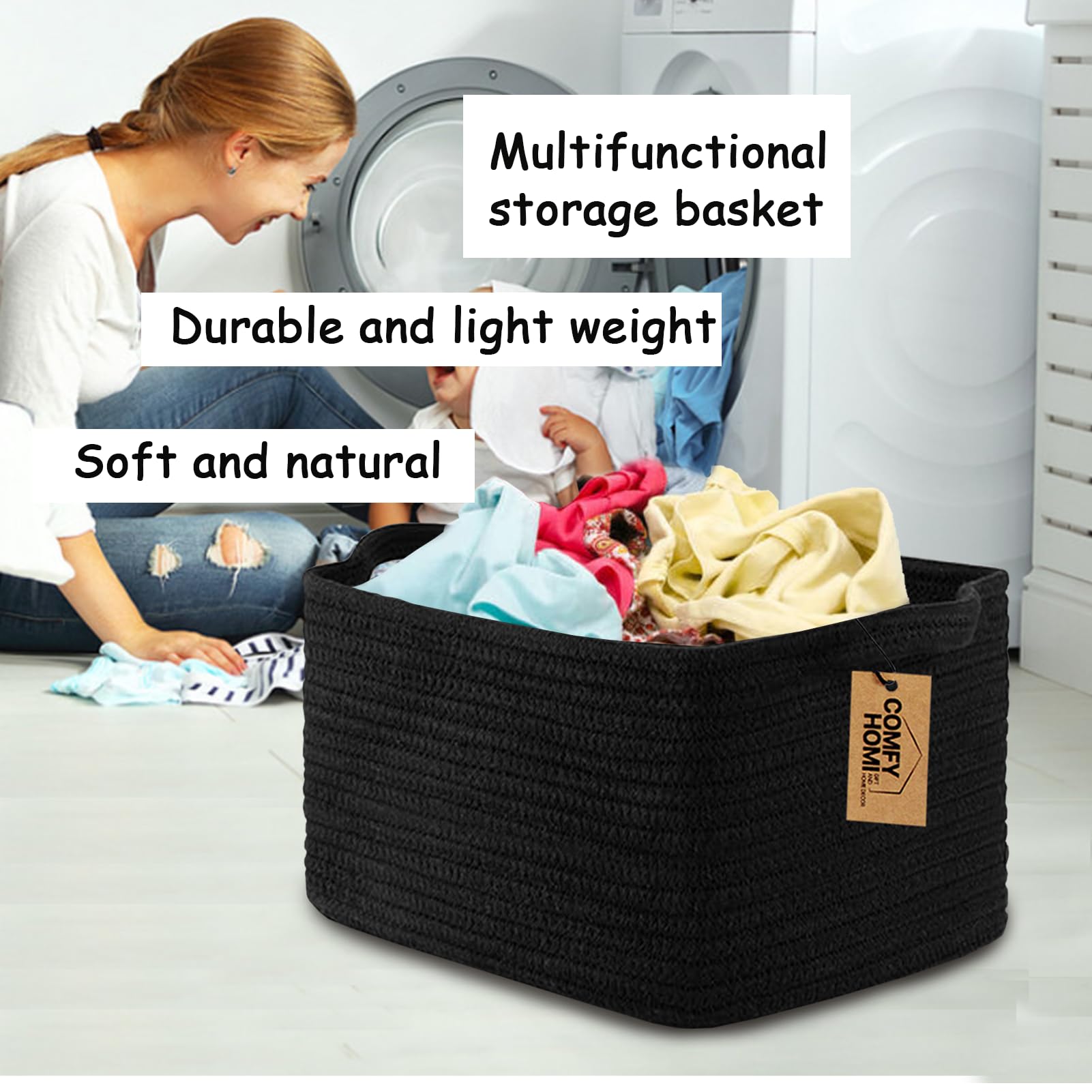 COMFY-HOMI storage basket cotton rope material emphasizes a soft, eco-friendly look.