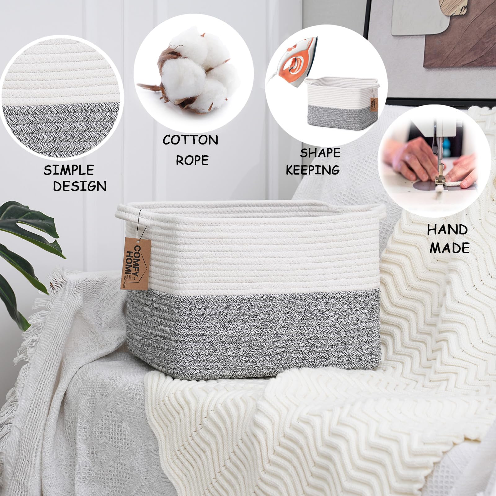 COMFY-HOMI storage bin size guide image illustrating outside-measurement accuracy.
