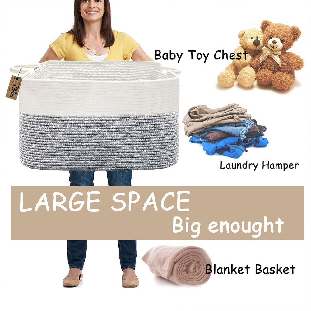 COMFY-HOMI towels and blankets stored in rope basket.