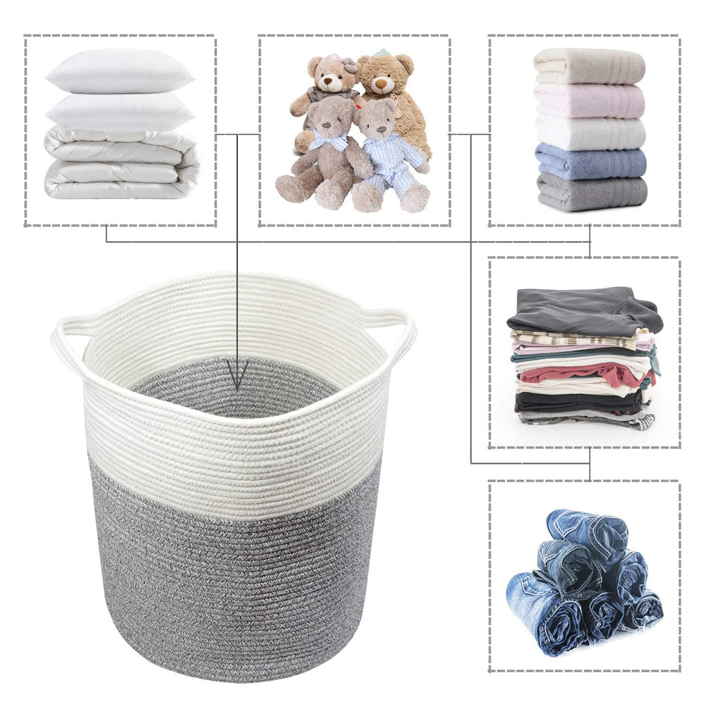 COMFY-HOMI basket shown with blankets and toys for versatile storage at home