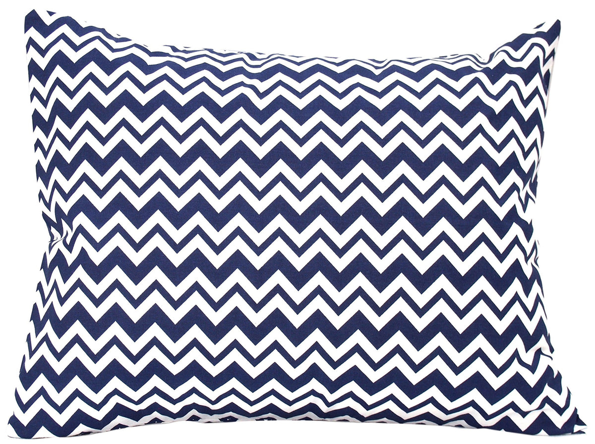 Comfy Turtles cotton toddler pillowcase in navy chevron with a 13x18 fit for comfy naps