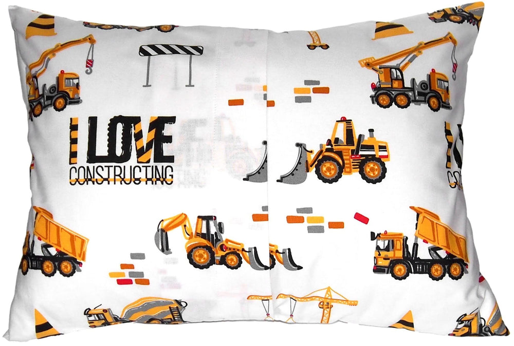 Comfy Turtles toddler pillowcase with tractor pattern for playful travel and kid-friendly sleep.