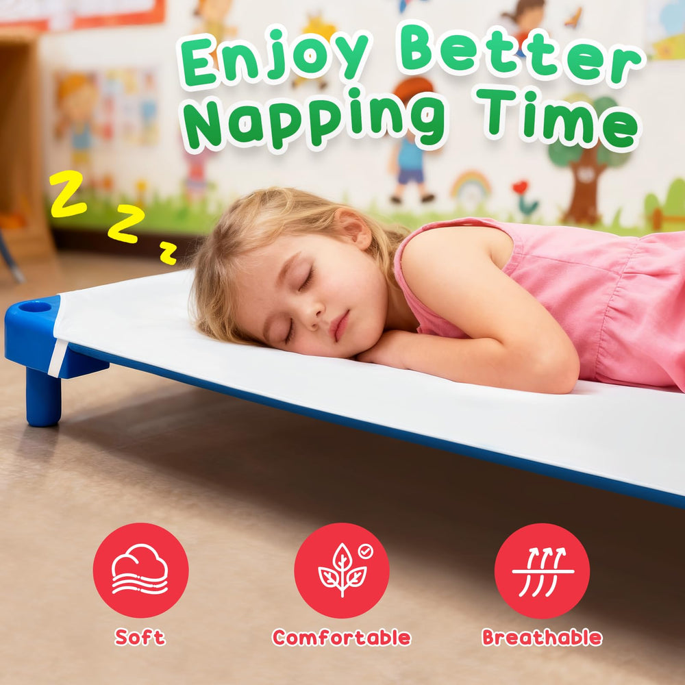 Comfyanno corner-cut-out design keeps cots stackable for easy daycare storage.