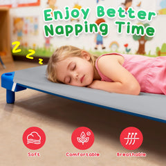 Comfyanno corner-cut design keeps cots stackable in daycare.