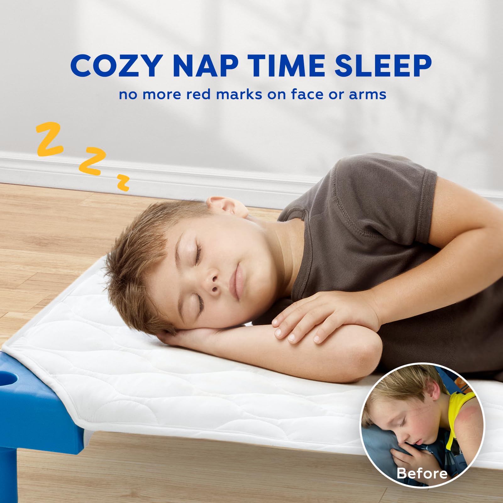Comfyanno nap mat corner elastic close-up demonstrates staying in place.
