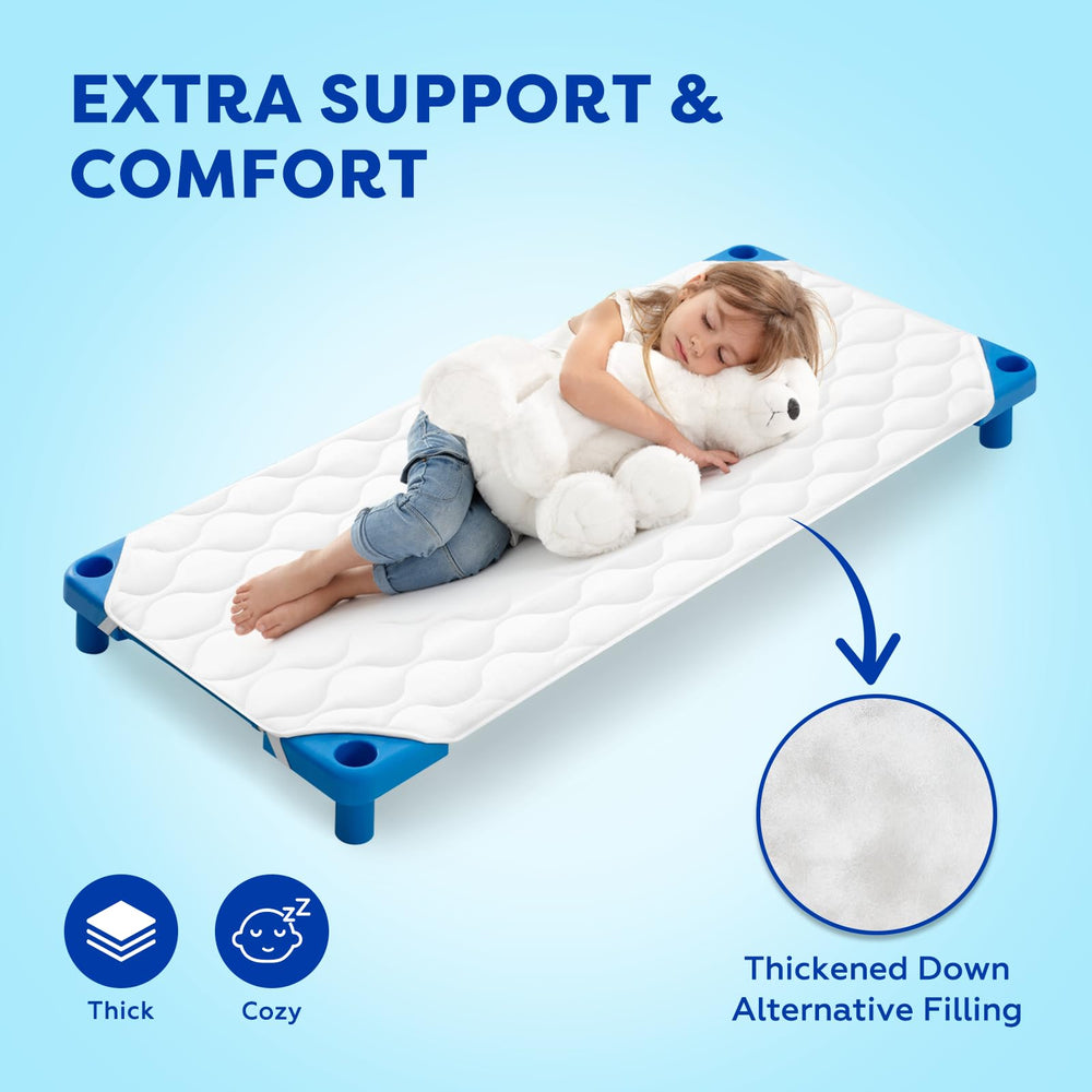 Comfyanno nap mat size 23x51 clearly fits standard daycare cots.