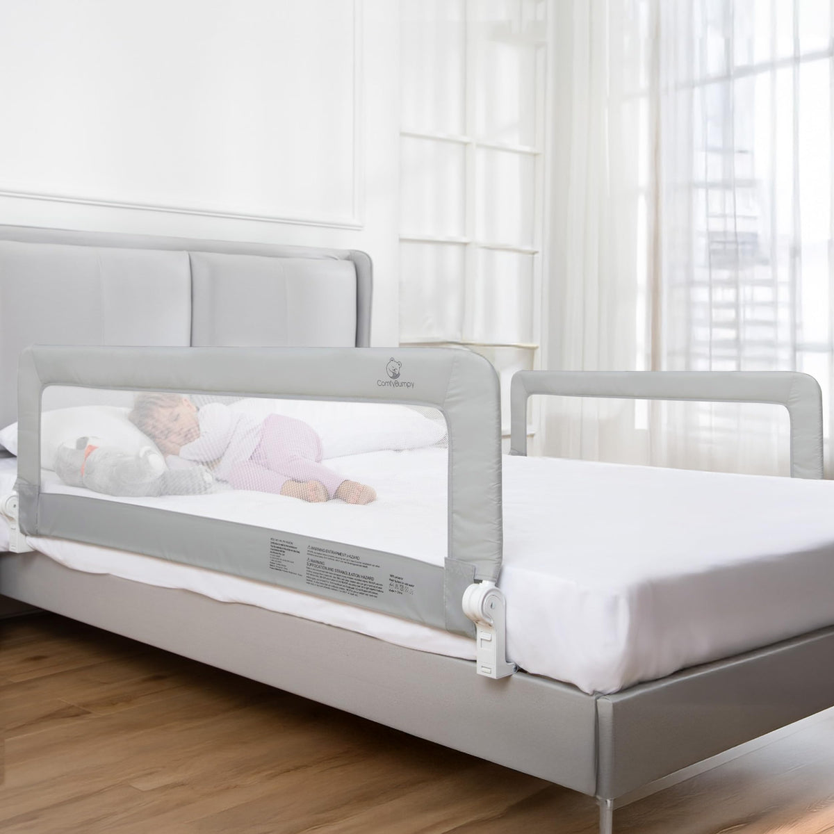 ComfyBumpy bed rail 55.5in long side view for safe toddler sleep beside the mattress.
