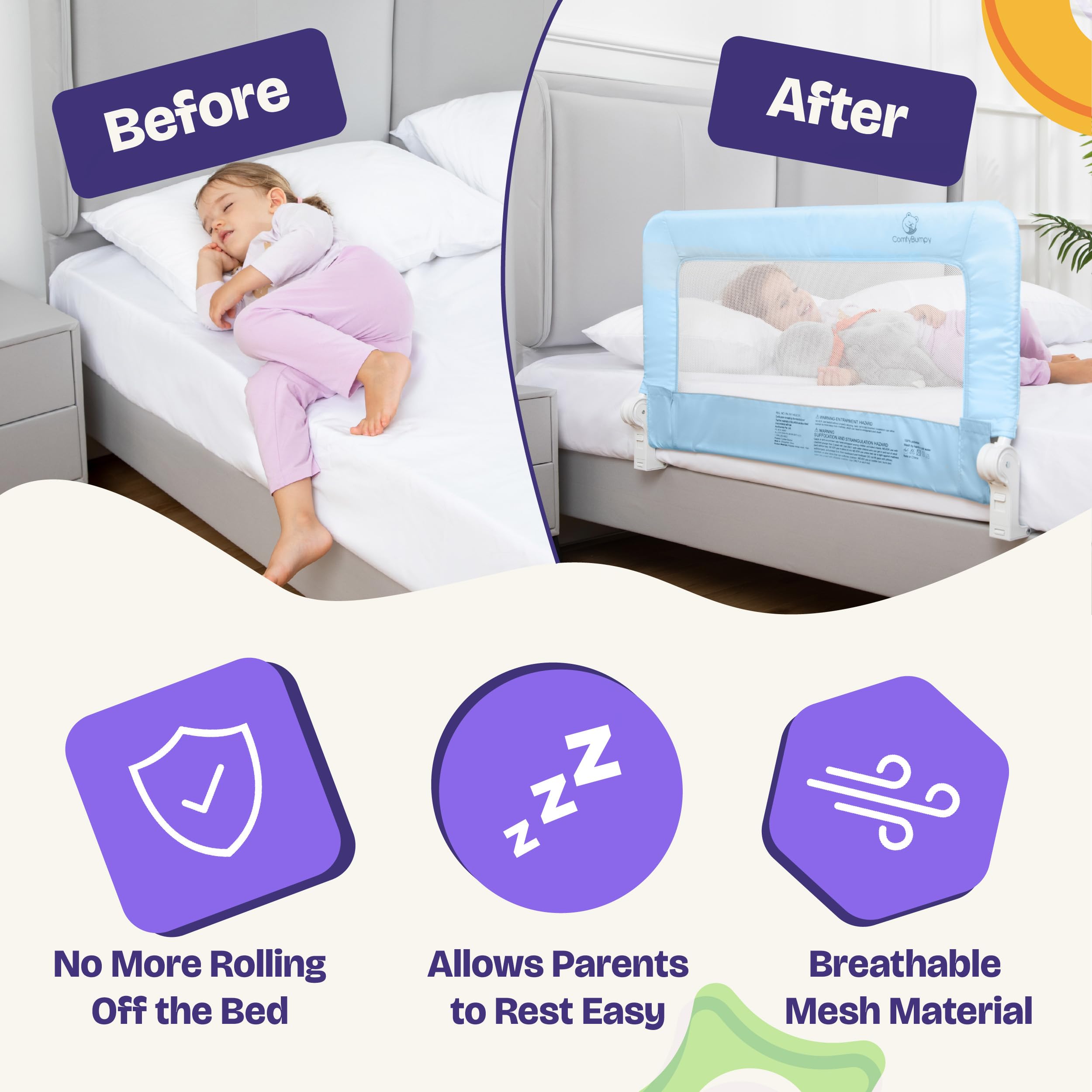 ComfyBumpy bed rail blue full-bed-fit shows compatibility with full-size mattresses.