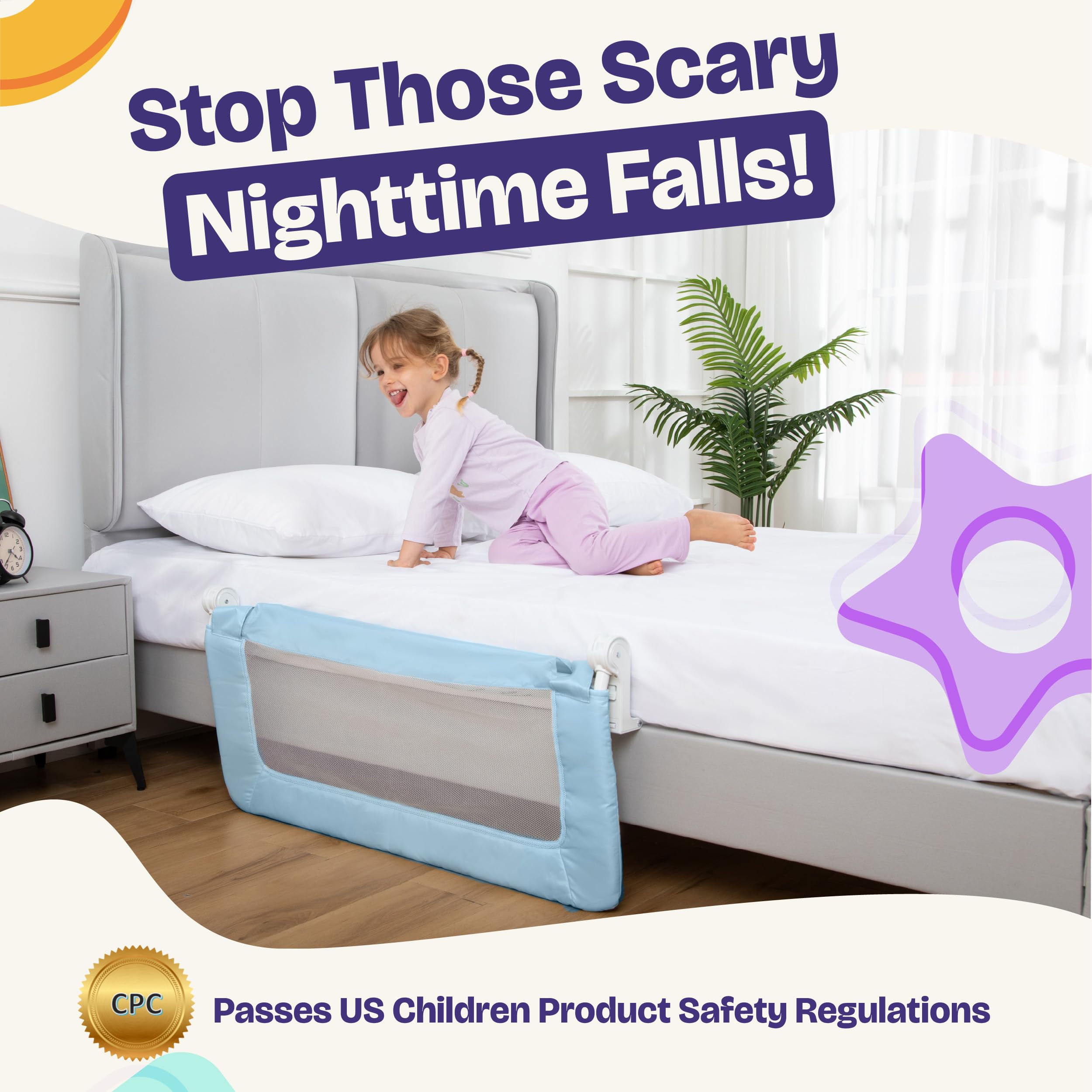 ComfyBumpy bed rail blue side-view reveals sturdy metal construction.