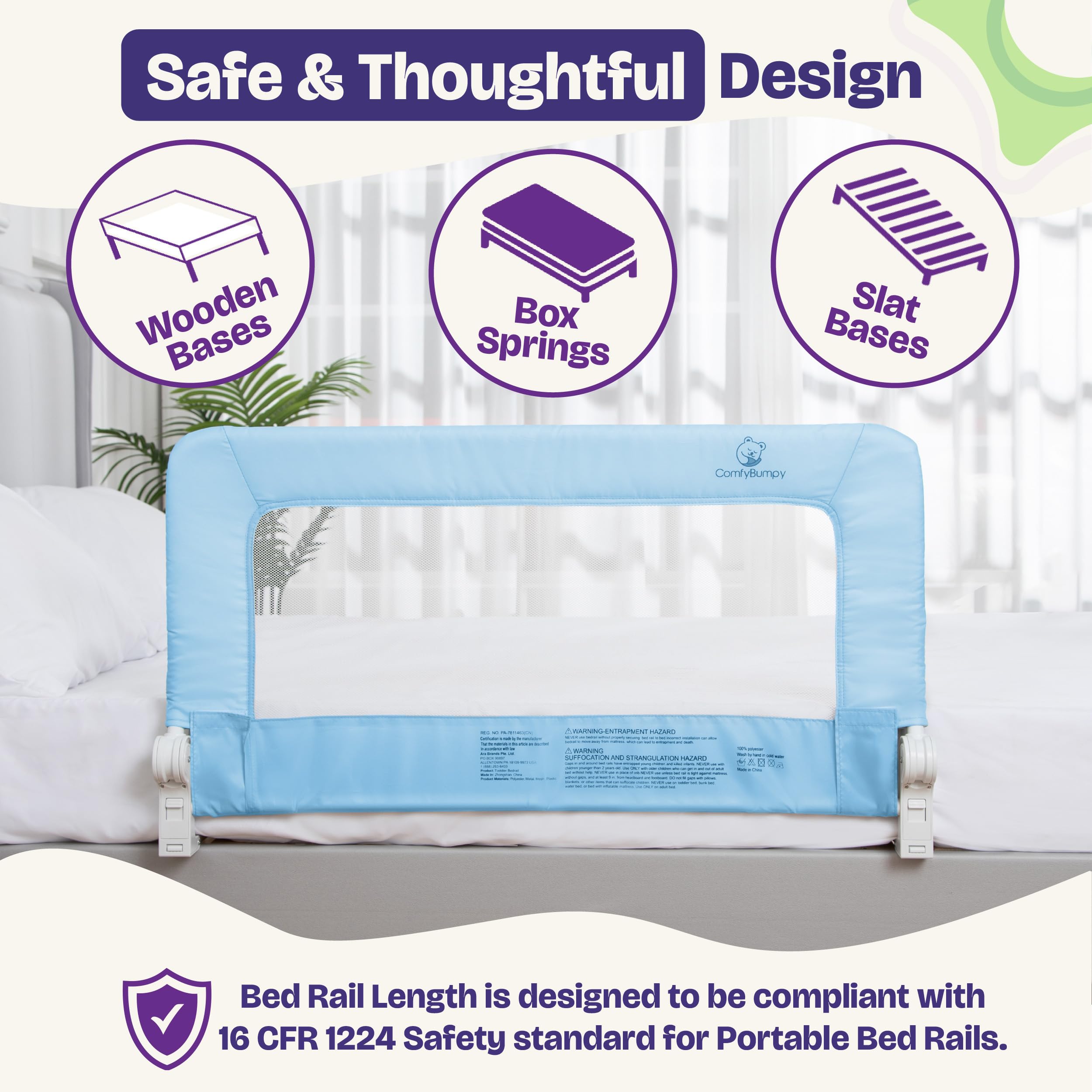 ComfyBumpy bed rail blue triple-attachment highlights secure installation options.