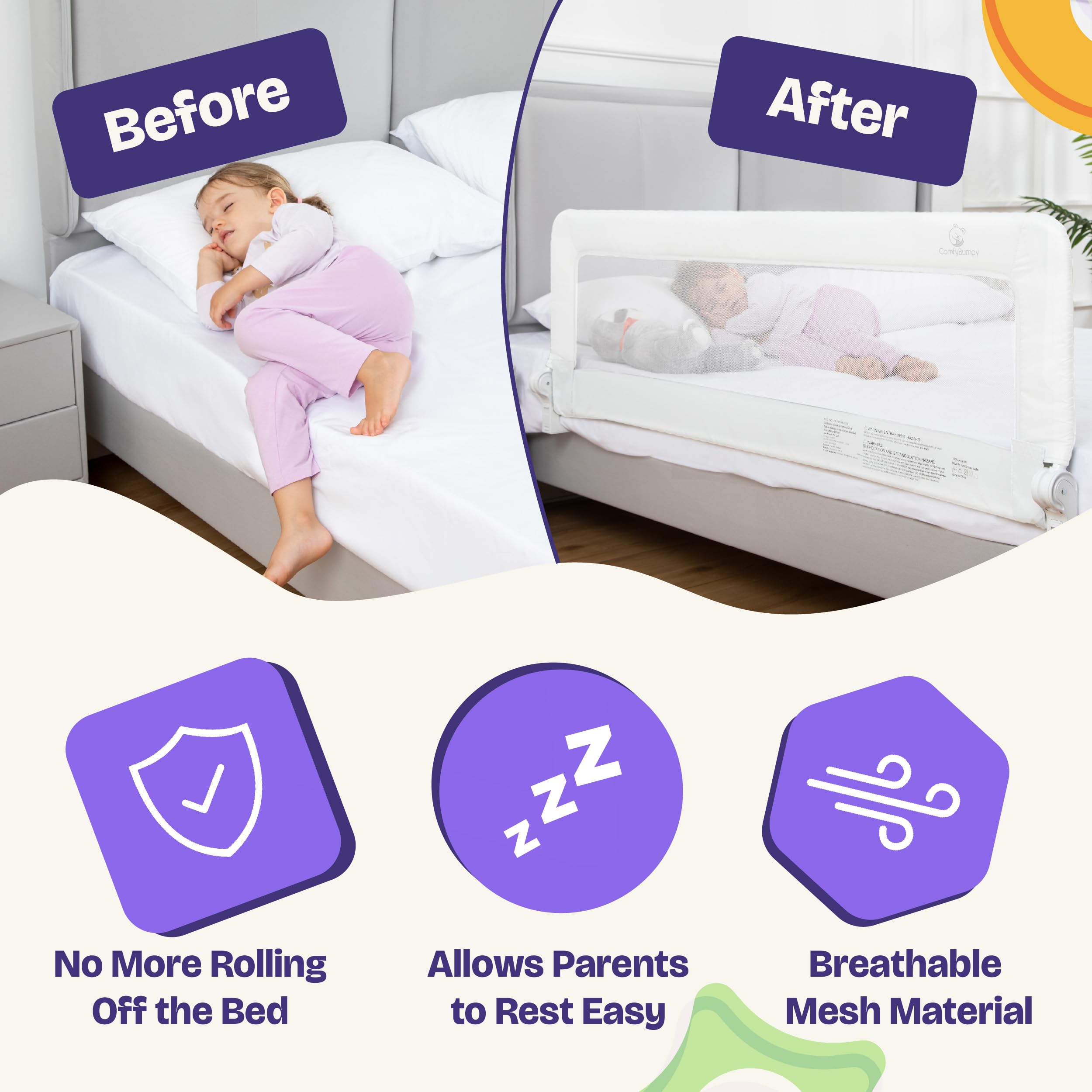 ComfyBumpy bed rail fits Twin to King mattresses for versatile bedroom setups.