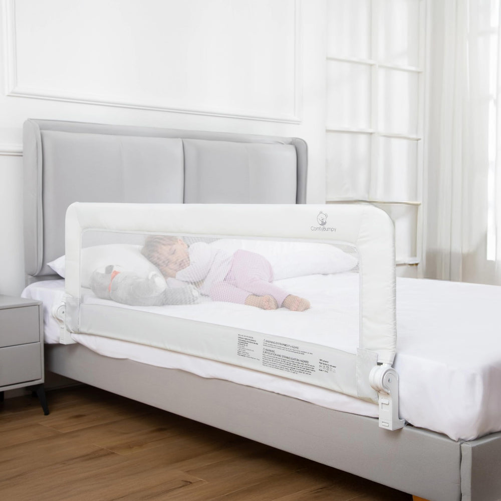ComfyBumpy bed rail swing-down mechanism enables easy access for bedtime routines.