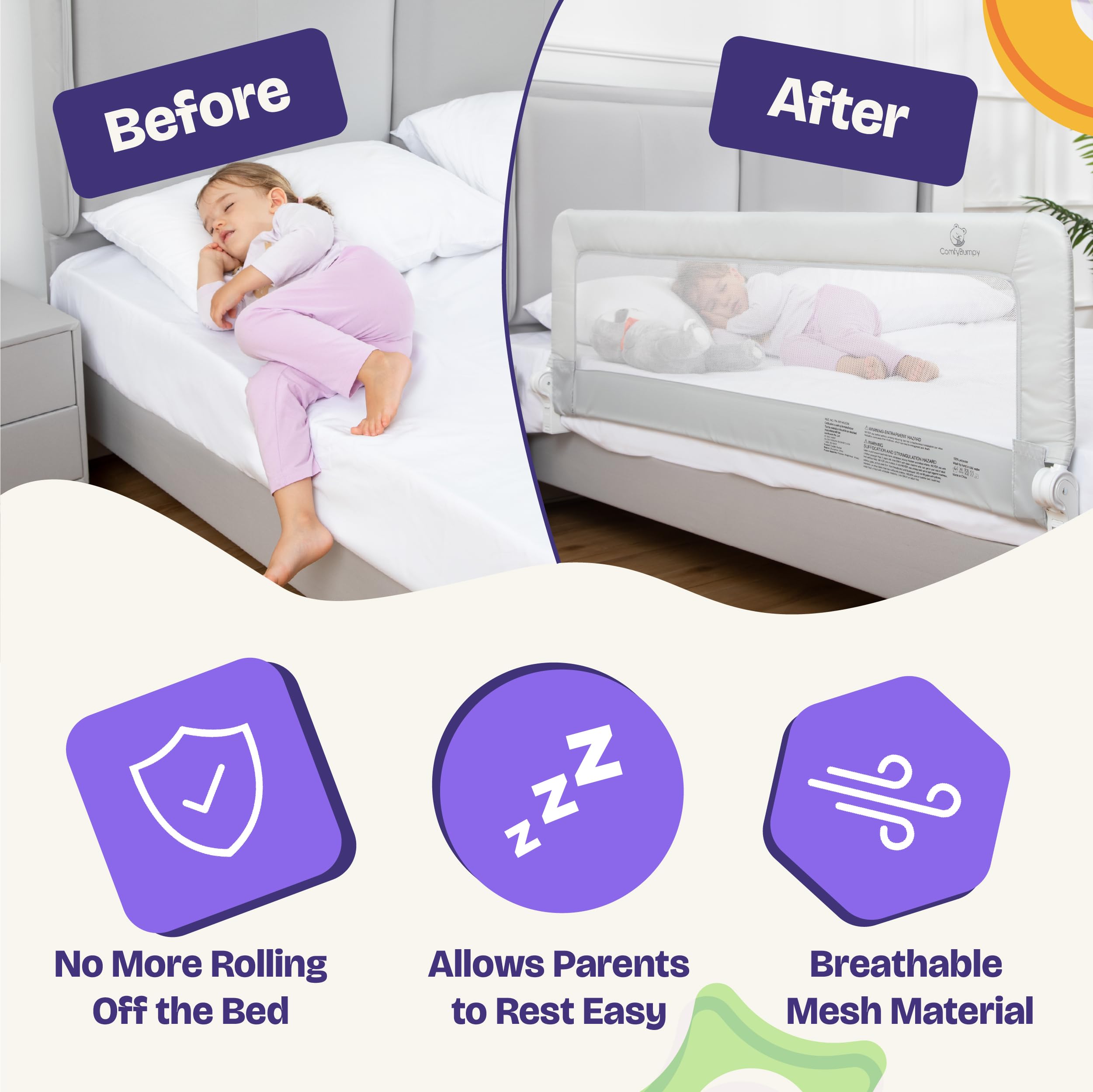 ComfyBumpy bed rail fits Twin to King mattresses for flexible room layouts.