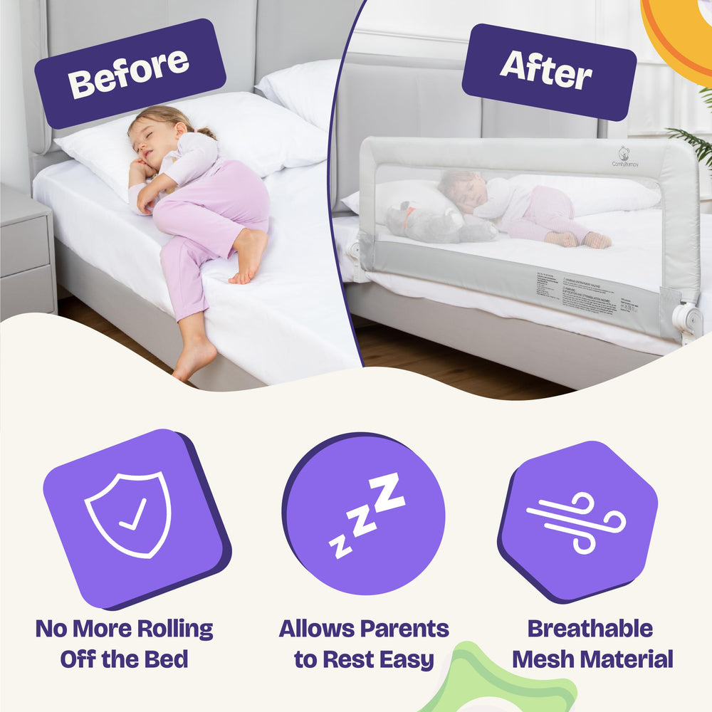 ComfyBumpy bed rail fits Twin to King mattresses for flexible room layouts.