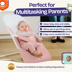 ComfyBumpy Bouncer Harness Secured illustrates a 3-point harness for stable support.