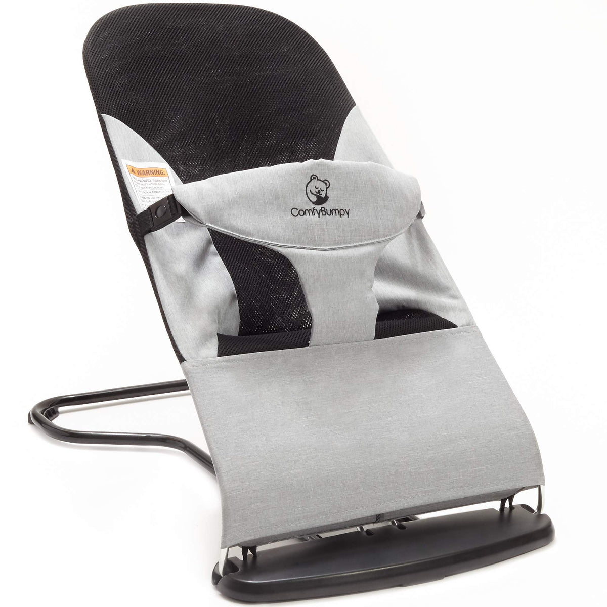 ComfyBumpy ergonomic baby bouncer seat front view showing secure seating