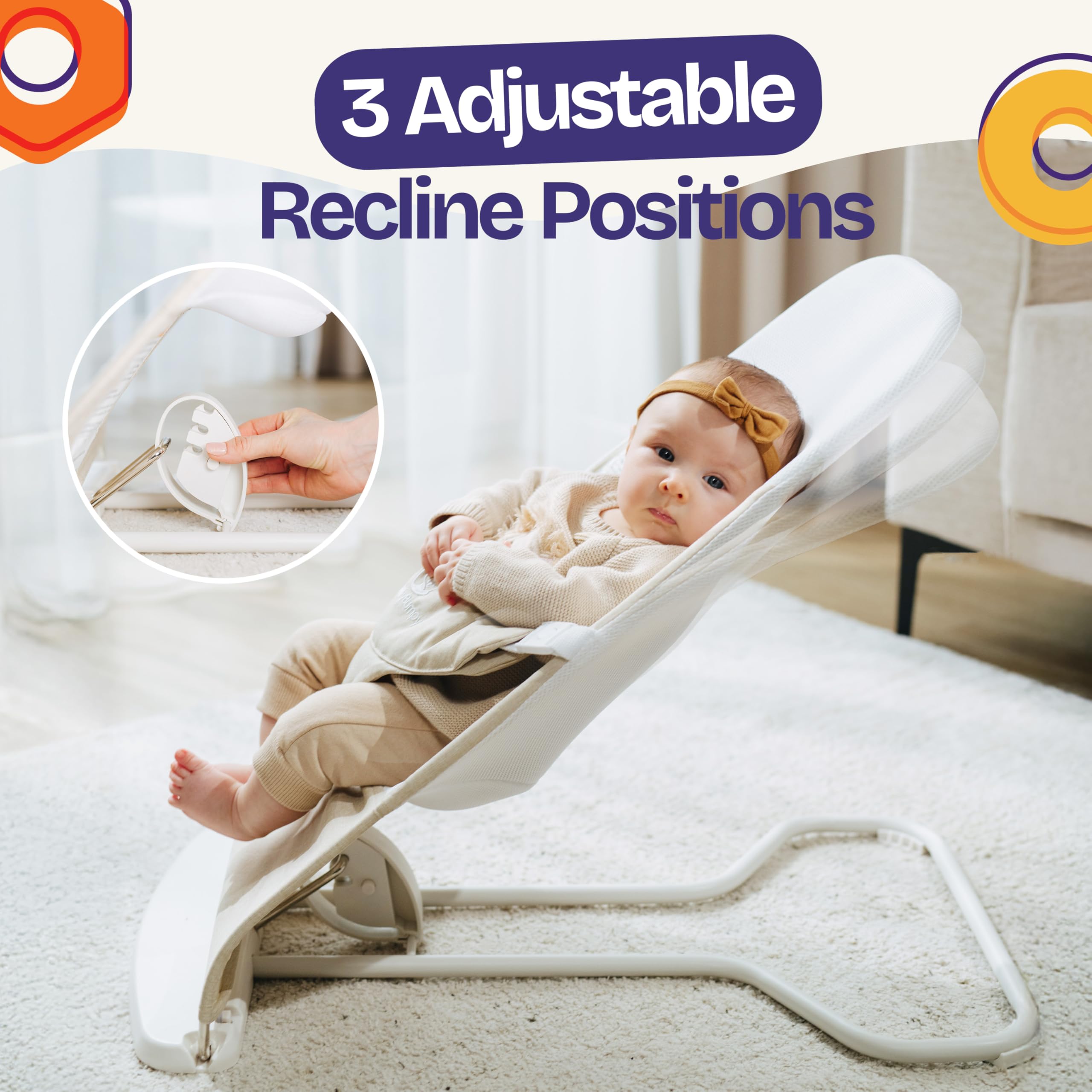 ComfyBumpy bouncer in nursery illustrating portable rocking near caregiver
