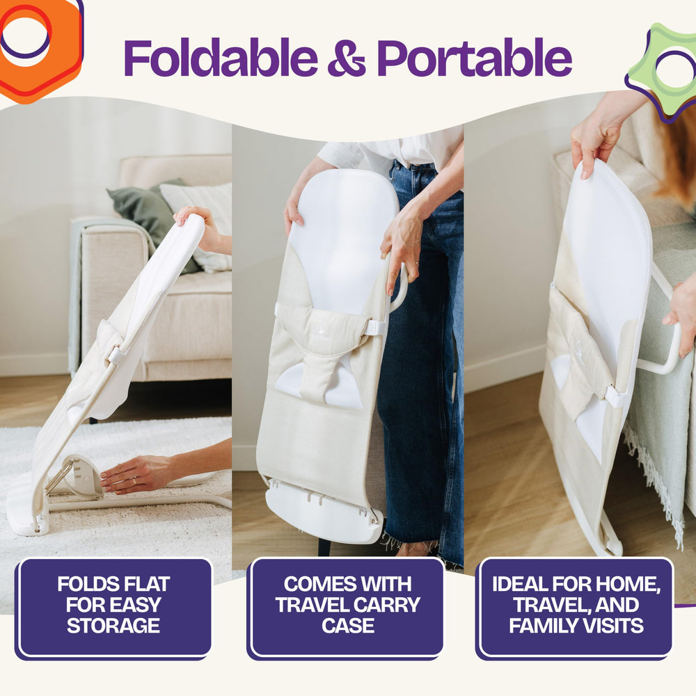 Oatmeal-tone ComfyBumpy bouncer blend with nursery decor and premium materials