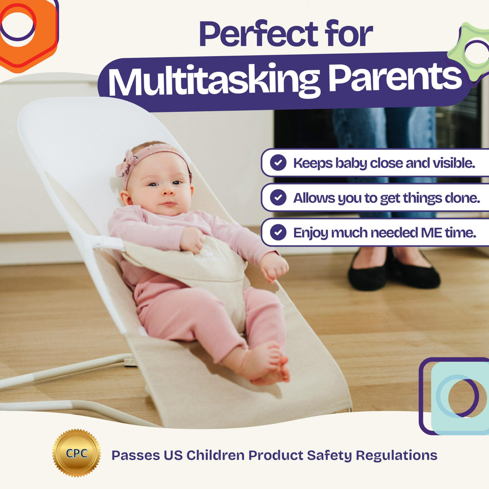 ComfyBumpy ergonomic baby bouncer seat side view showing compact profile