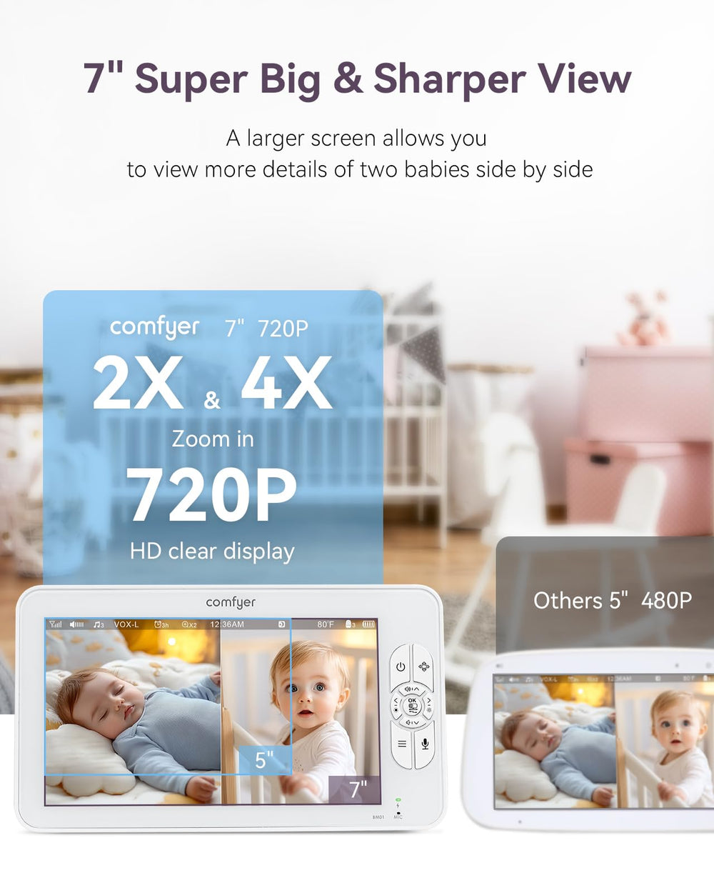 Comfyer 7-inch HD display delivers clear, large viewing for quick baby checks.