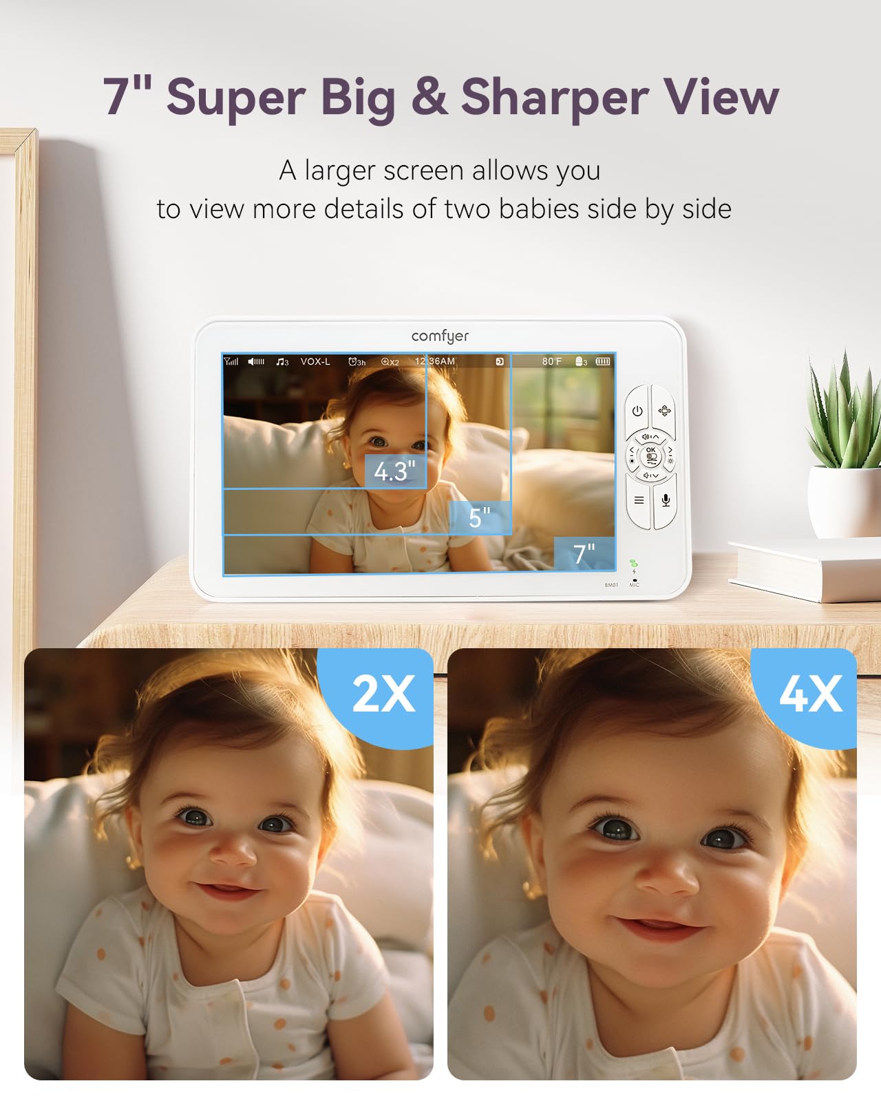 Comfyer baby monitor displays four-camera setup on the screen for multi-room oversight.