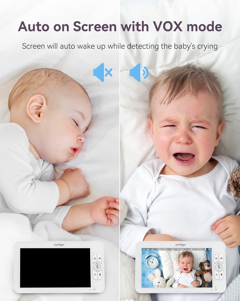 Comfyer baby monitor temperature sensor and lullabies support a comfortable sleep.