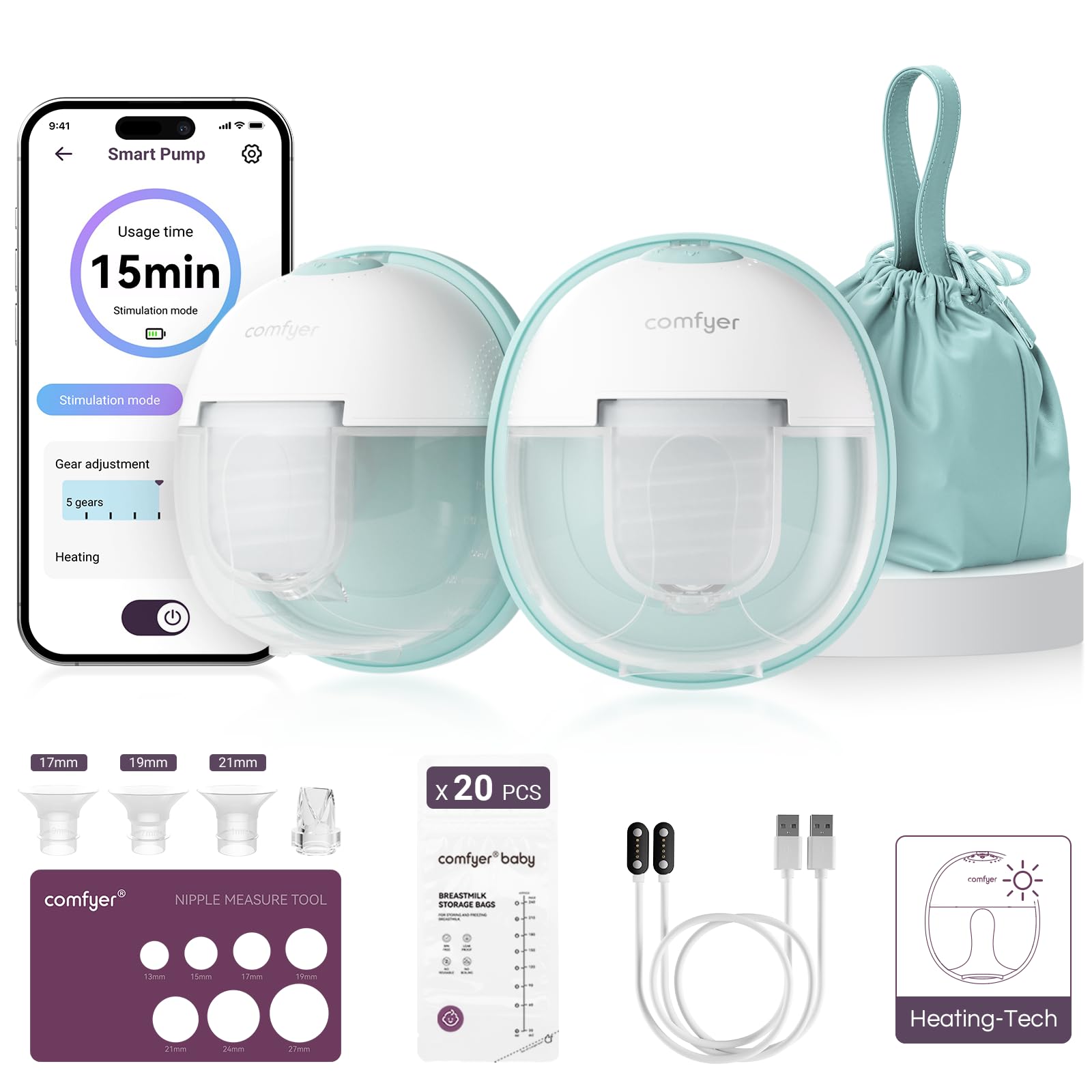 Comfyer heated breast pump in-bra setup enables hands-free discreet pumping on the go.