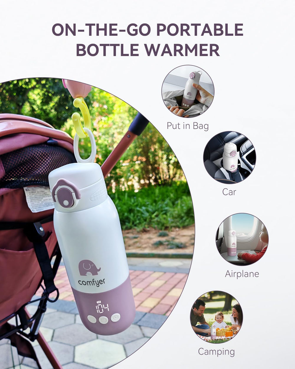 Comfyer warmer demonstrates fast heat to 104°F for quick on-the-spot feeding.