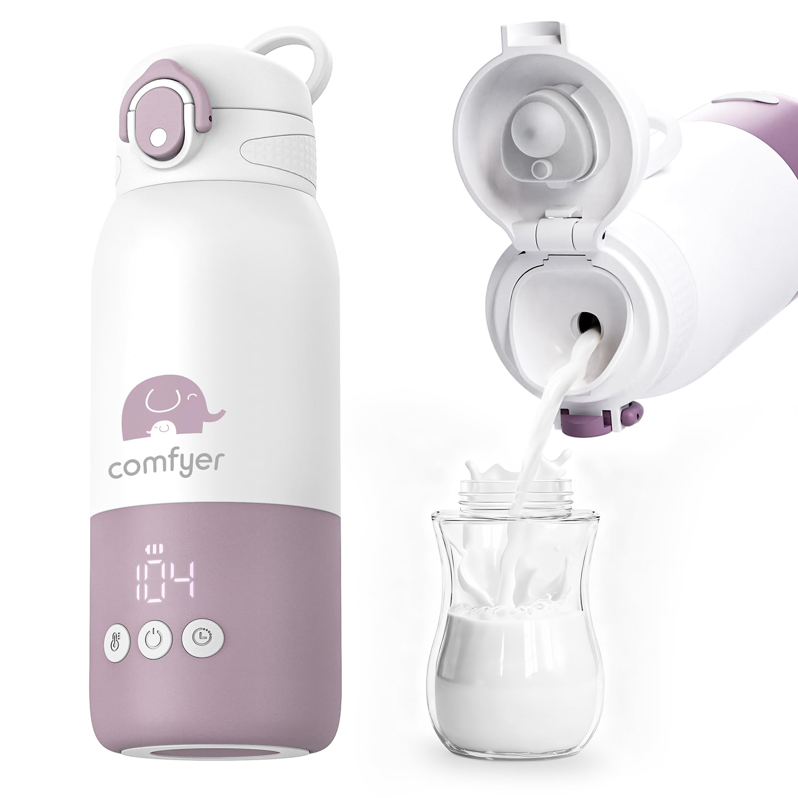 Comfyer portable bottle warmer shown in a travel bag setup for cord-free warming on the go.