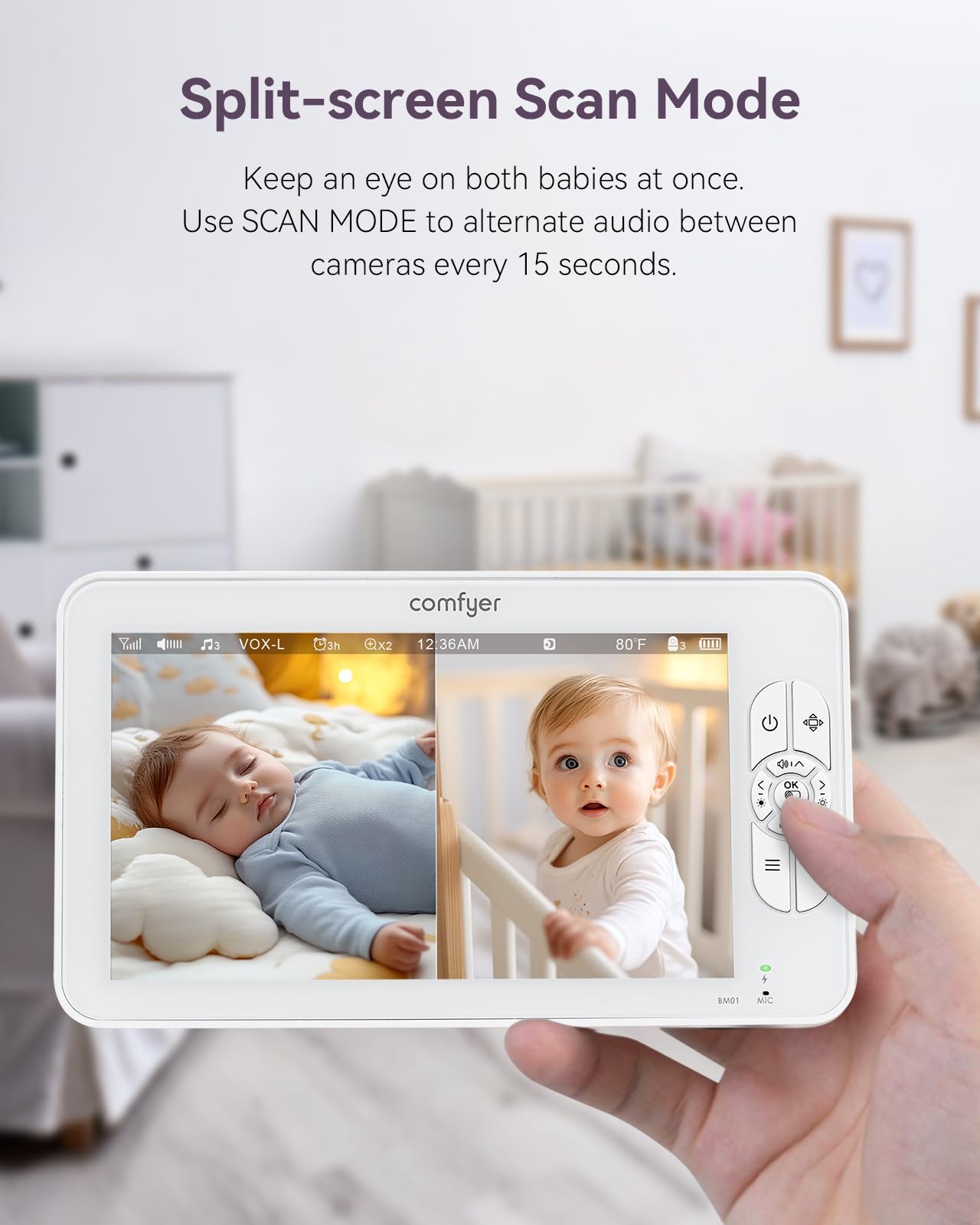 Comfyer remote PTZ control enables 355° horizontal and 120° vertical rotation.