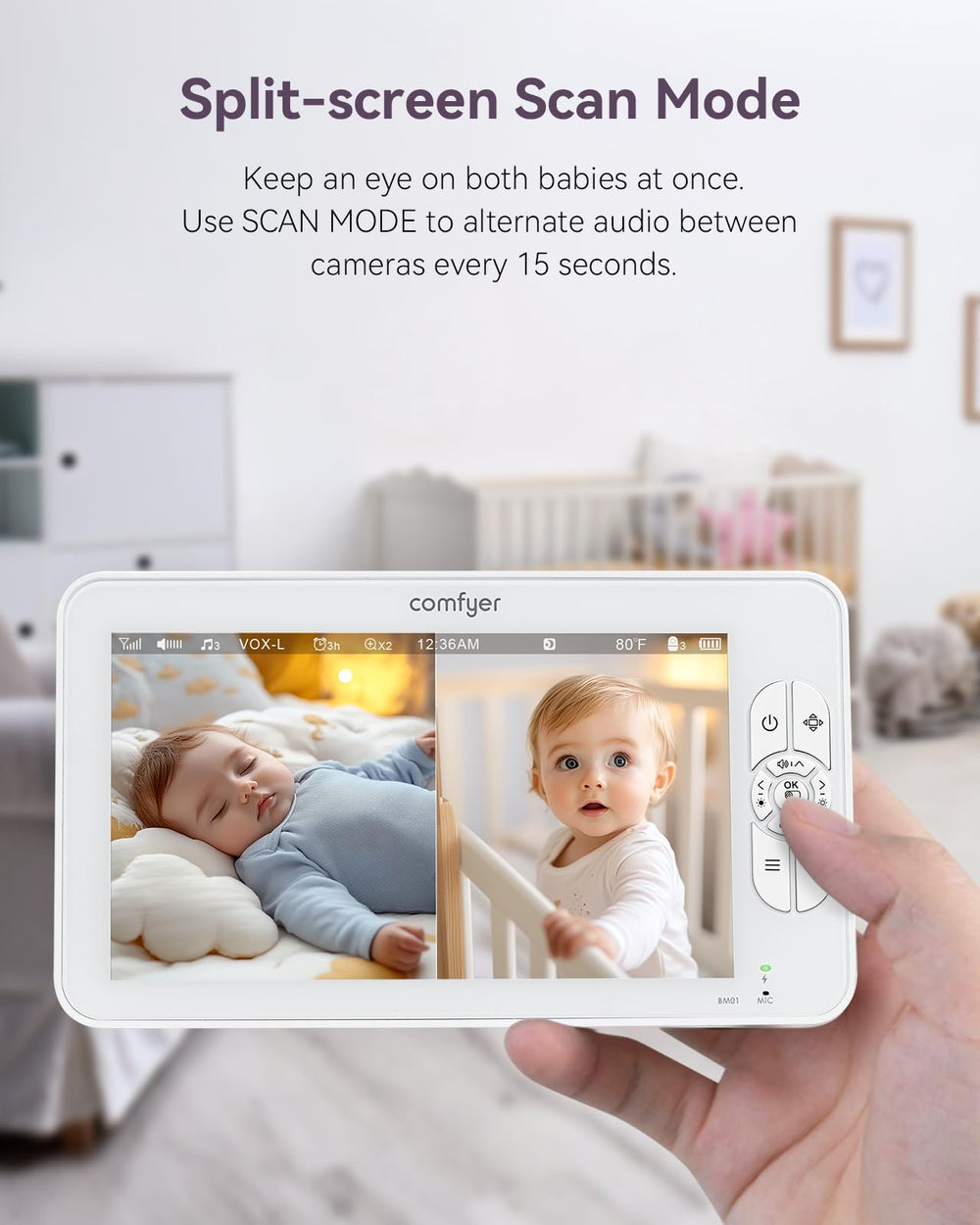 Comfyer remote PTZ control enables 355° horizontal and 120° vertical rotation.