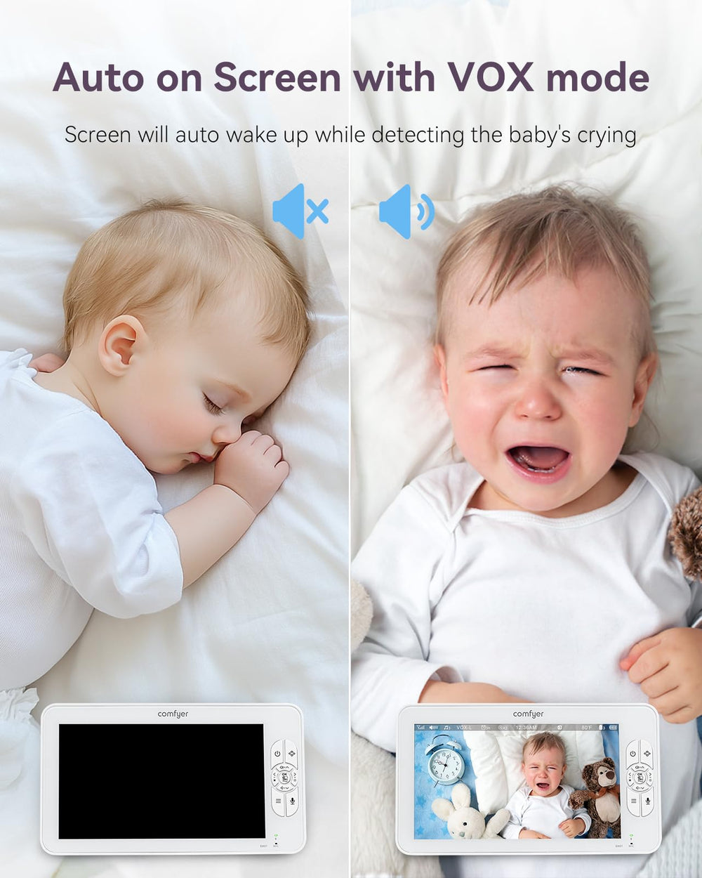 Comfyer temperature sensor and soothing sounds create a calm nursery.