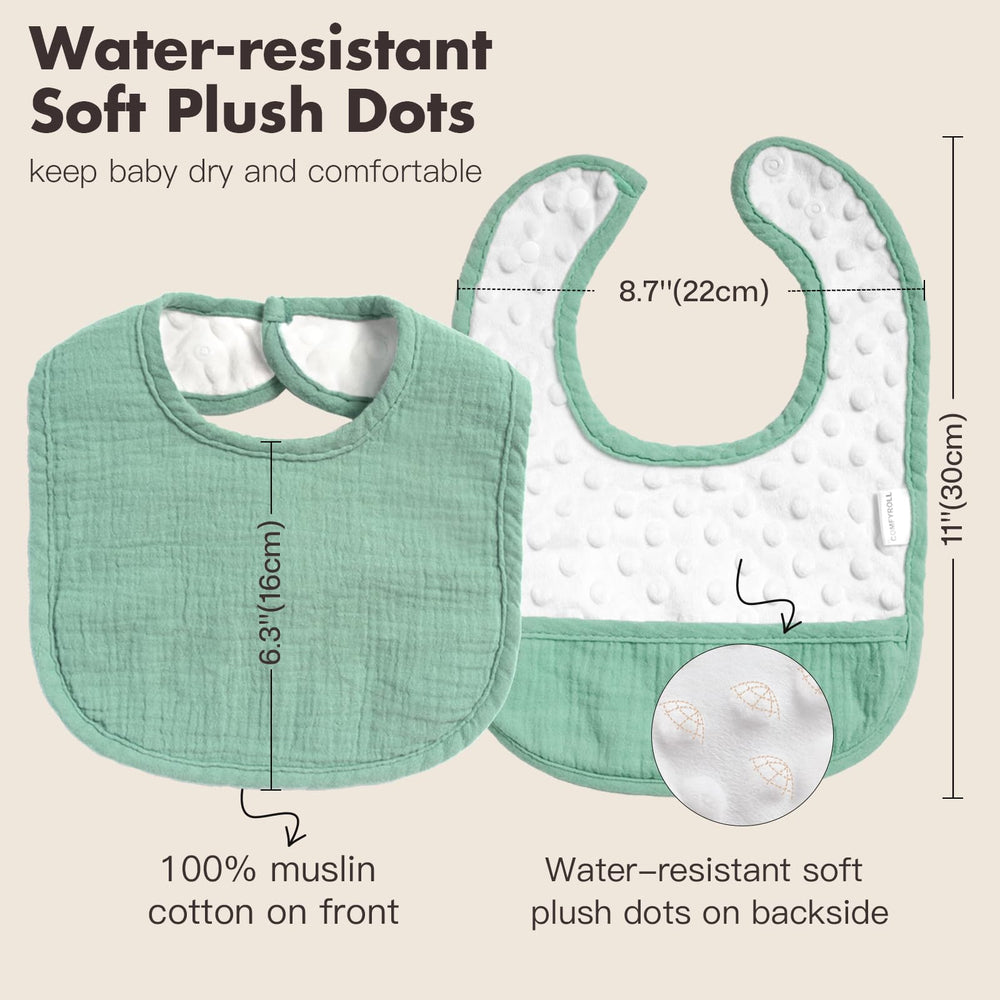 COMFYROLL bib with reversible hidden pocket catches spills discreetly.