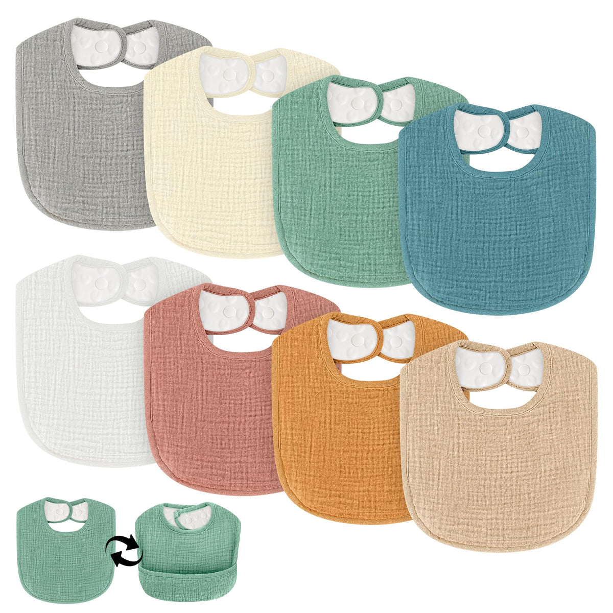 COMFYROLL baby bib with ultra absorbent muslin top for quick drool control.