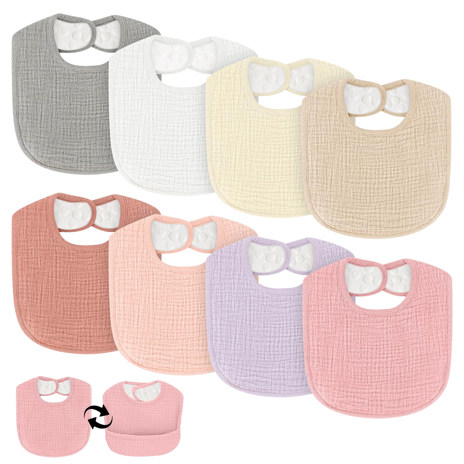 COMFYROLL drool bib close-up shows ultra-absorbent muslin top for quick dryness.