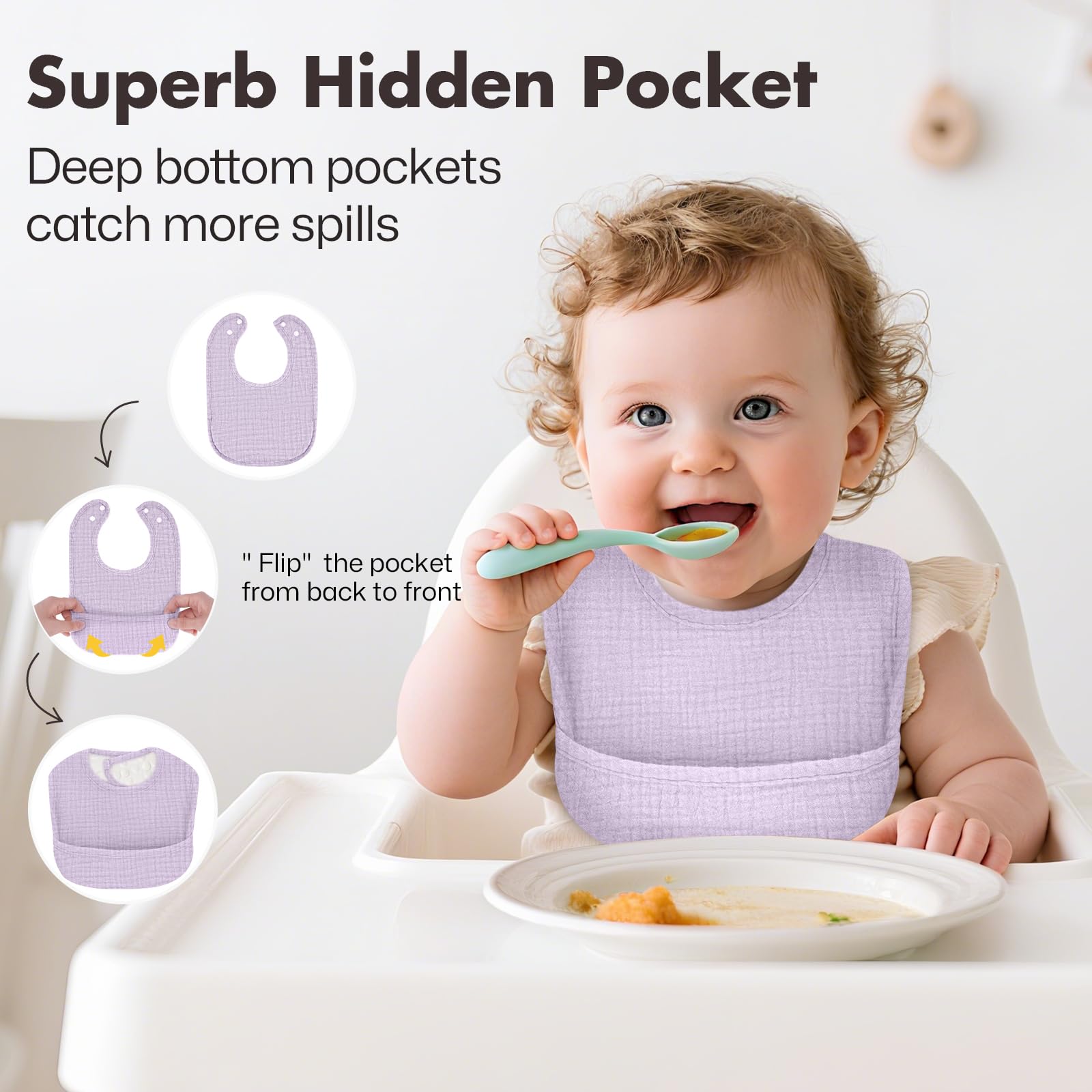 COMFYROLL drool bib with curved neckline stays soft against baby's skin.