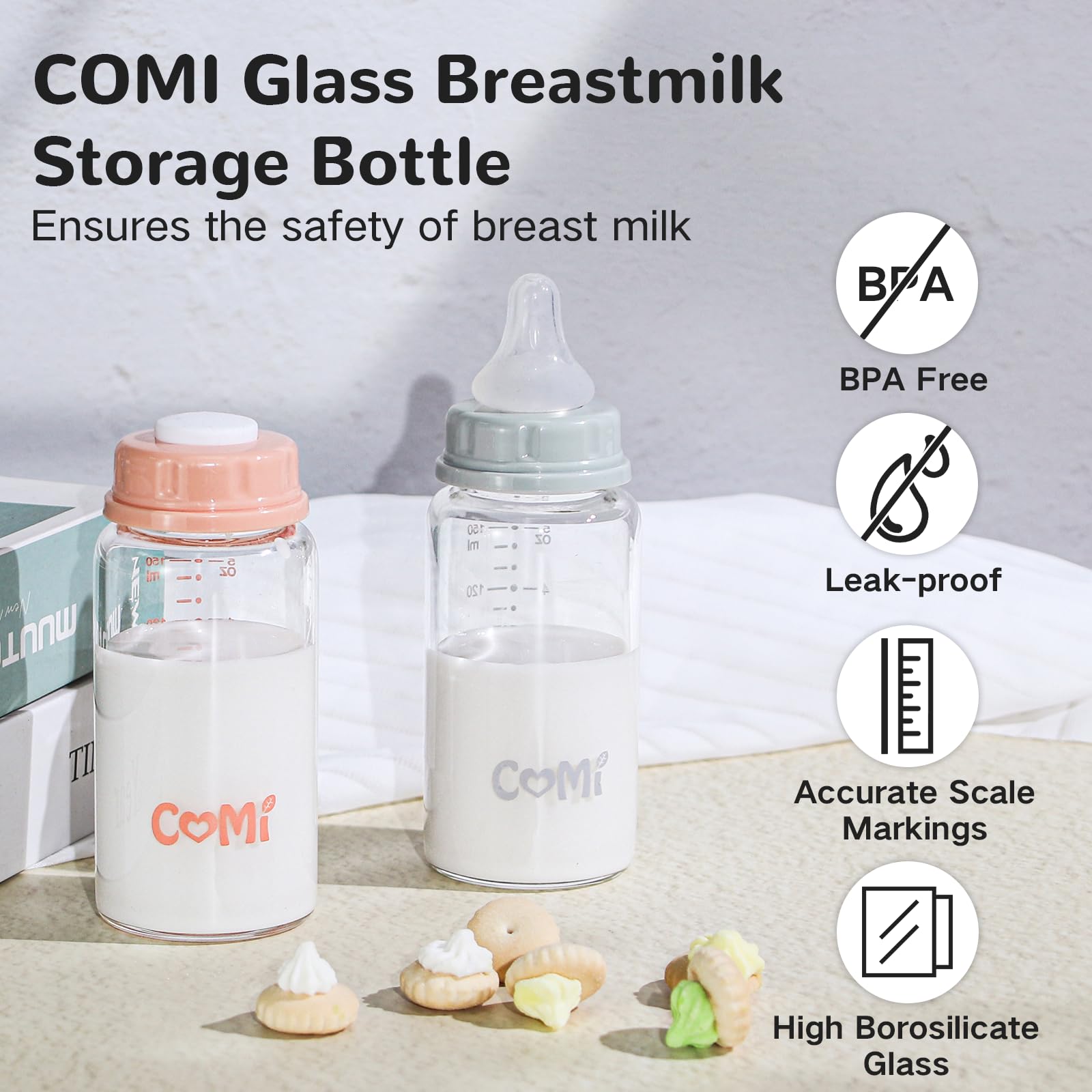COMI borosilicate glass bottle showing leak-proof silicone seal