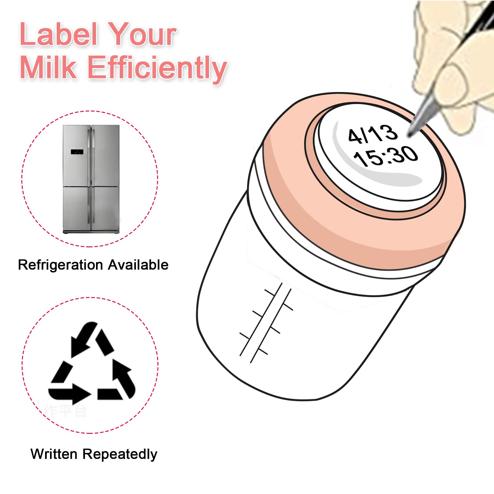 10ml markings on COMI bottle help track milk amounts.
