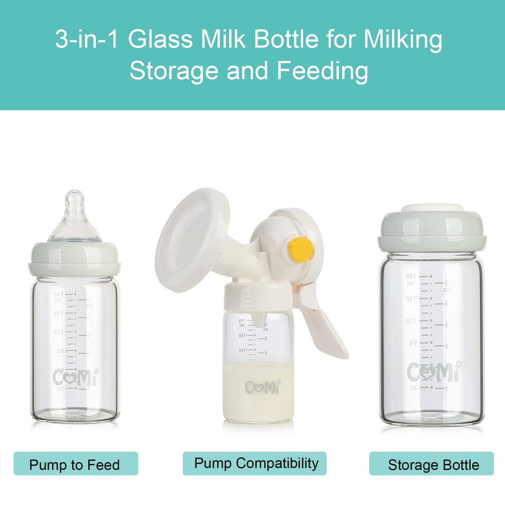 COMI BPA-free borosilicate glass bottle for safe milk storage and easy cleaning