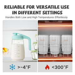 COMI breast milk pitcher clear measurements aid accurate portioning in oz and ml.