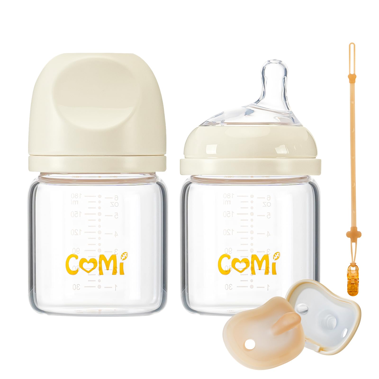 COMI natural glass bottle with breastlike nipple for easier latching.