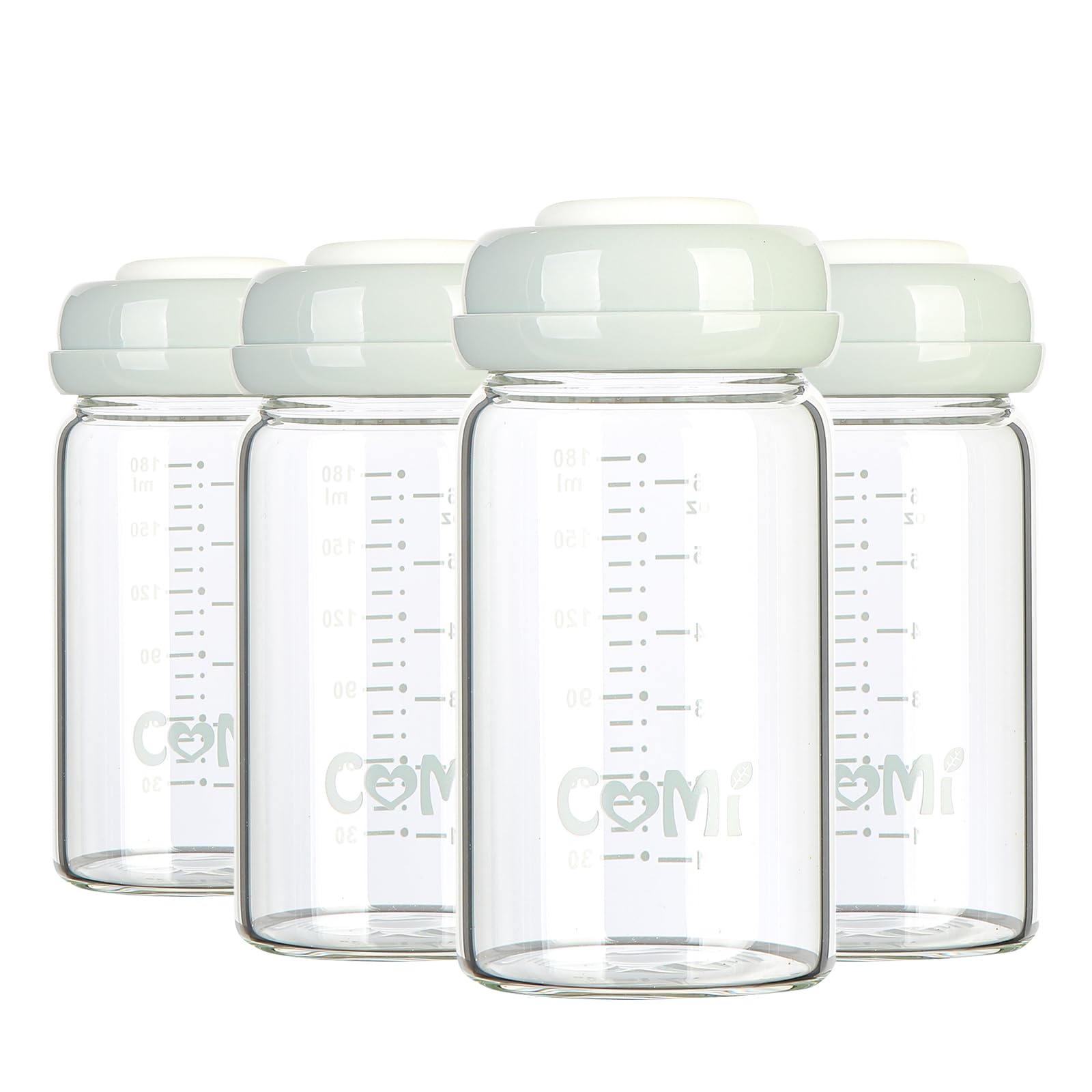 COMI wide-neck glass bottle 4-pack 6oz – sturdy glass for safe milk storage and easy pumping.